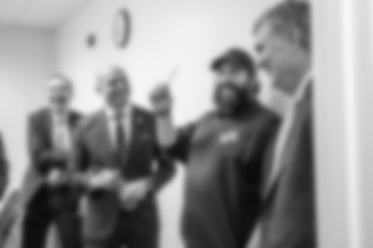 Detroit Lions head coach Matt Patricia talks with Georgia Tech head coach Paul Johnson and University of Minnesota head coach P.J. Fleck before the Quick Lane Bowl Press Conference on Wednesday, Dec. 5, 2018 in Allen Park, Mich. (Detroit Lions via AP)