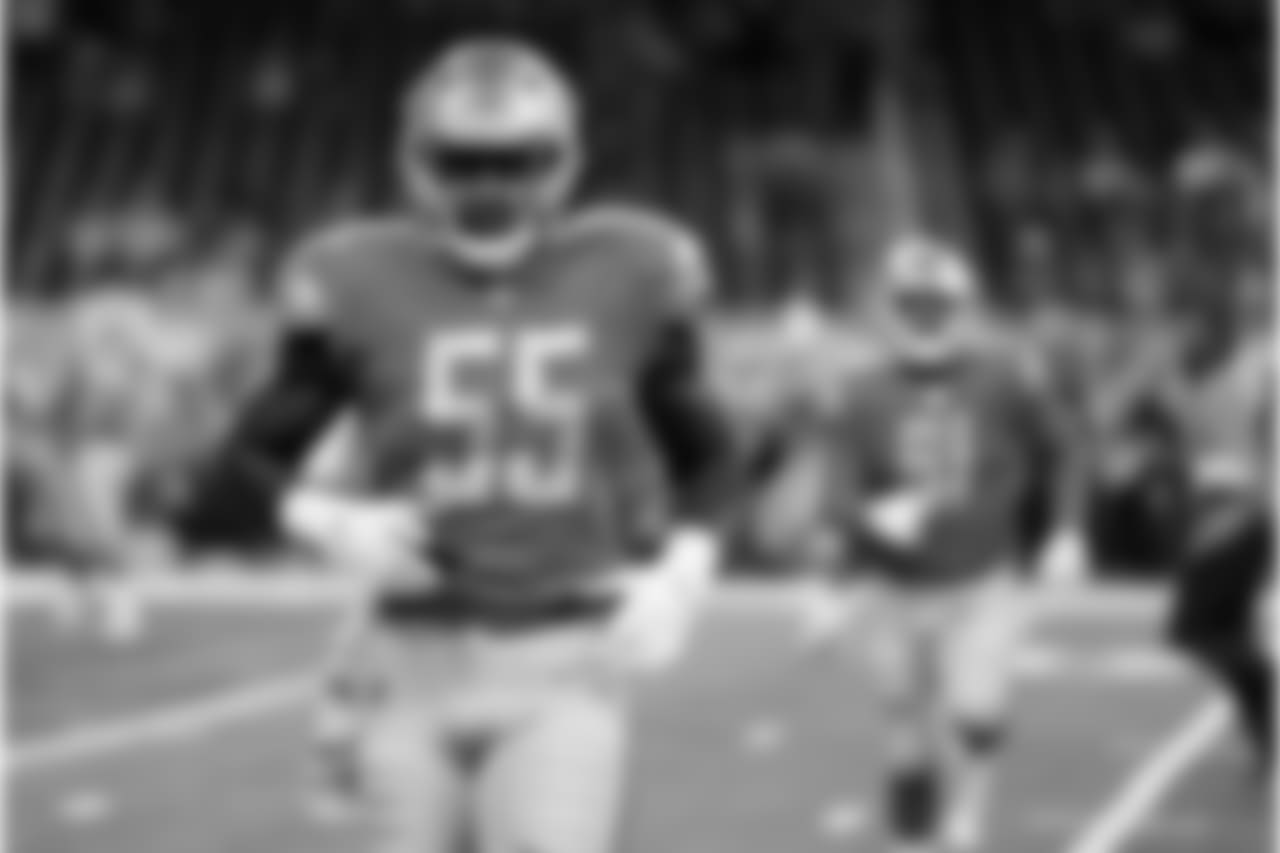 Detroit Lions defensive end Eric Lee (55) warms up before a NFL football game against the Green Bay Packers on Sunday, Oct. 7, 2018 in Detroit. (Detroit Lions via AP).