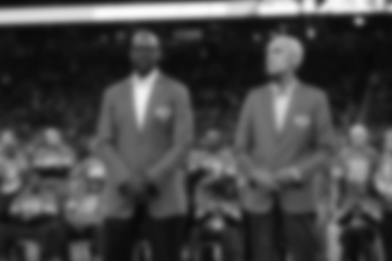 Herman Moore and Roger Brown during the Pride of the Lions induction ceremony during halftime of a NFL football game against the Seattle Seahawks on Sunday, Oct. 28, 2018 in Detroit. (Detroit Lions via AP).