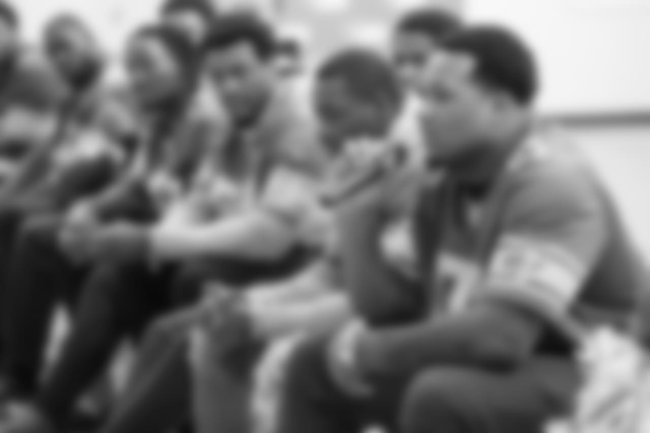 Detroit Lions defensive lineman Da'Shawn Hand (93) speaks at a real players don't bully assembly with Playworks at Hutchinson Elementary School on Tuesday, Oct. 22, 2018 in Detroit.