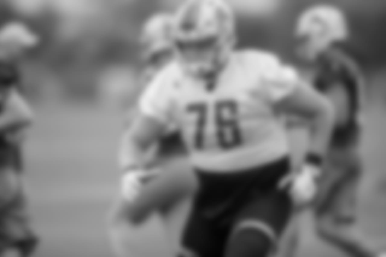 Detroit Lions guard T.J. Lang (76) during practice at the Detroit Lions training facility on Saturday, Sept. 8, 2018 in Allen Park, Mich. (Detroit Lions via AP)