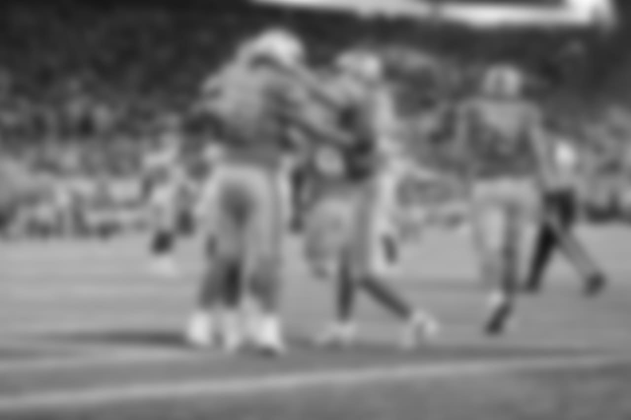 Detroit Lions tackle Taylor Decker (68) celebrates a touchdown catch during a NFL football game against the Los Angeles Rams on Sunday, Dec. 2, 2018 in Detroit. (Detroit Lions via AP).