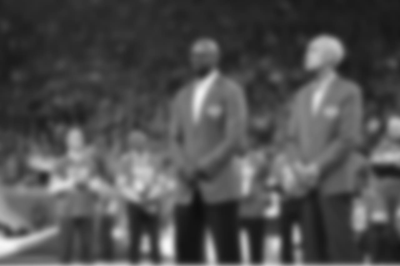 Herman Moore and Roger Brown during the Pride of the Lions induction ceremony during halftime of a NFL football game against the Seattle Seahawks on Sunday, Oct. 28, 2018 in Detroit. (Detroit Lions via AP).