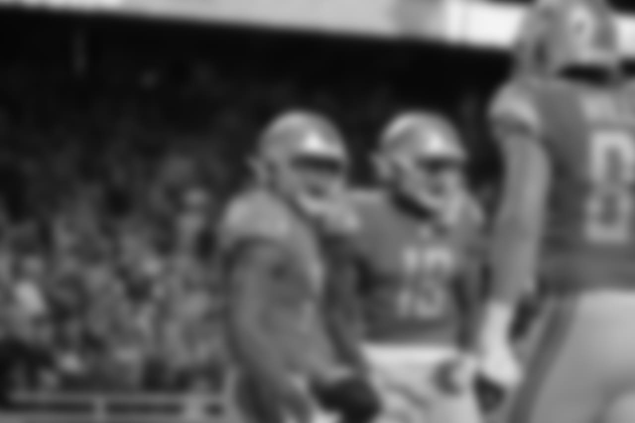 Detroit Lions wide receiver Marvin Jones Jr. (11) and Detroit Lions wide receiver Kenny Golladay (19) celebrate a touchdown during a NFL football game against the New England Patriots on Sunday, Sept. 23, 2018 in Detroit. (Detroit Lions via AP).