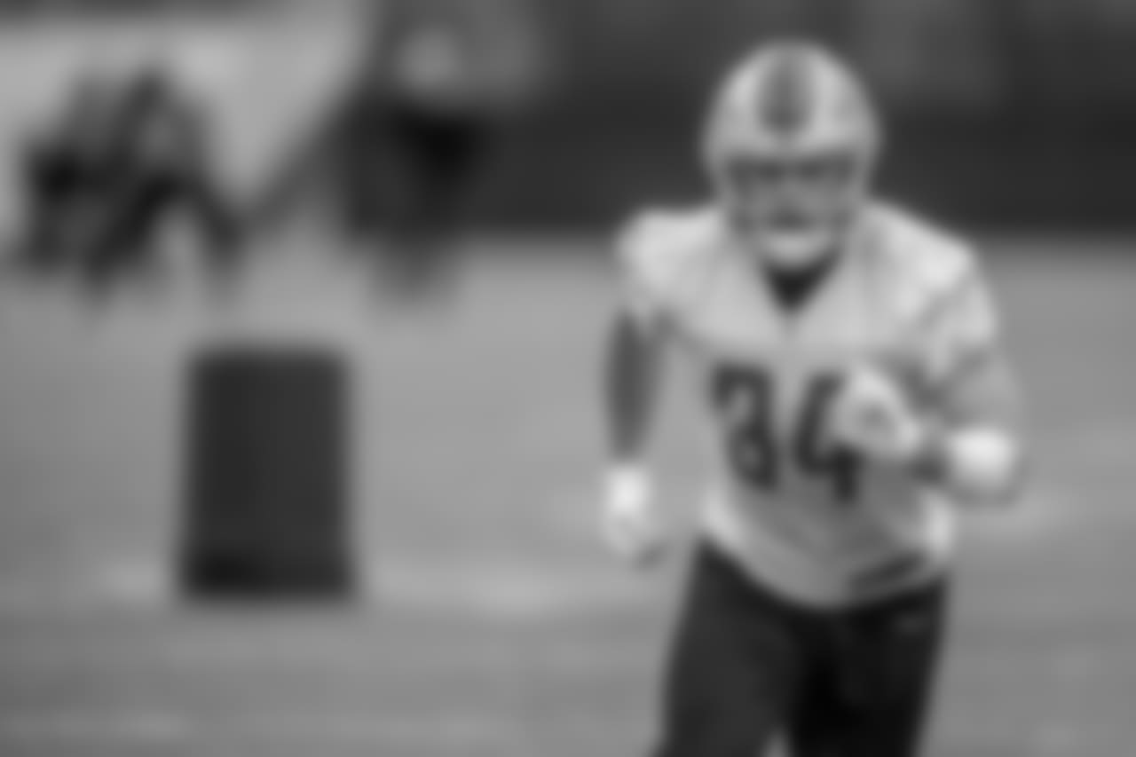 Detroit Lions running back Zach Zenner (34) during practice at the Detroit Lions training facility on Friday, Dec. 28, 2018 in Allen Park, Mich. (Detroit Lions via AP)
