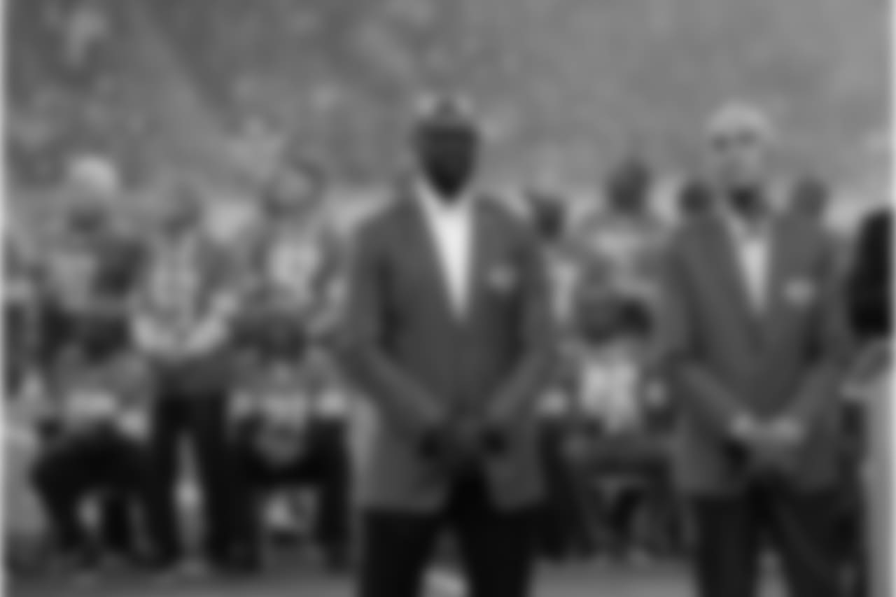 Herman Moore and Roger Brown during the Pride of the Lions halftime induction ceremony during a NFL football game against the Seattle Seahawks on Sunday, Oct. 28, 2018 in Detroit. (Detroit Lions via AP).