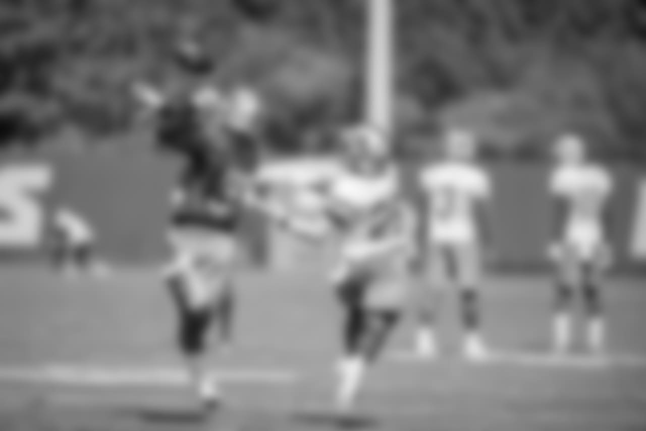 Detroit Lions safety Miles Killebrew (35) breaks up a pass intended for running back Theo Riddick (25) during training camp practice on Monday, Aug. 13, 2018 in Allen Park, Mich. (Detroit Lions via AP)