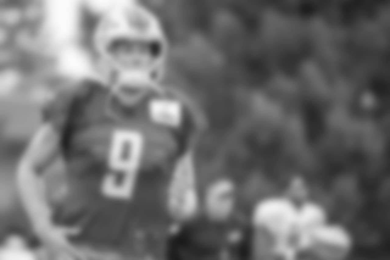 Detroit Lions quarterback Matthew Stafford (9) during training camp practice on Wednesday, Aug. 8, 2018 in Napa, Calif. (Detroit Lions via AP)