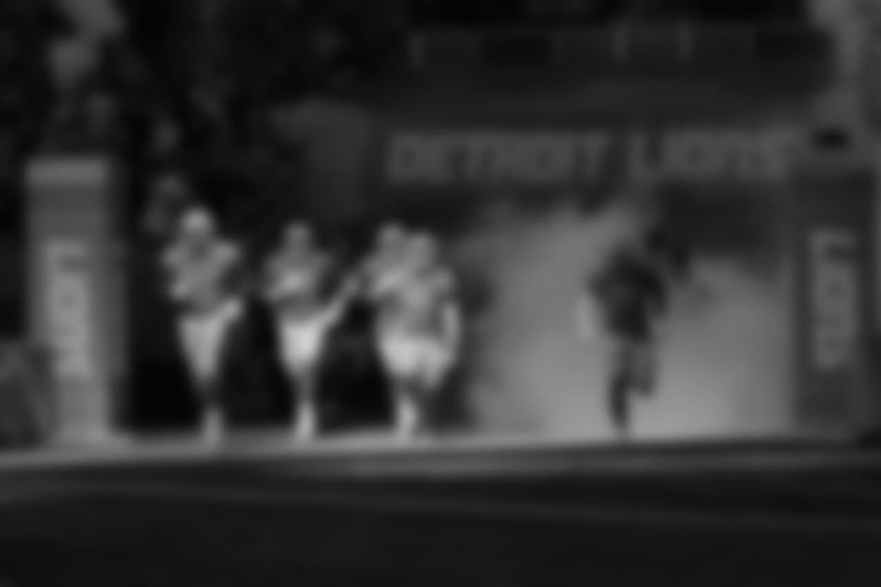 Detroit Lions take the field during introductions before a NFL football game against the Green Bay Packers on Sunday, Oct. 7, 2018 in Detroit. (Detroit Lions via AP).