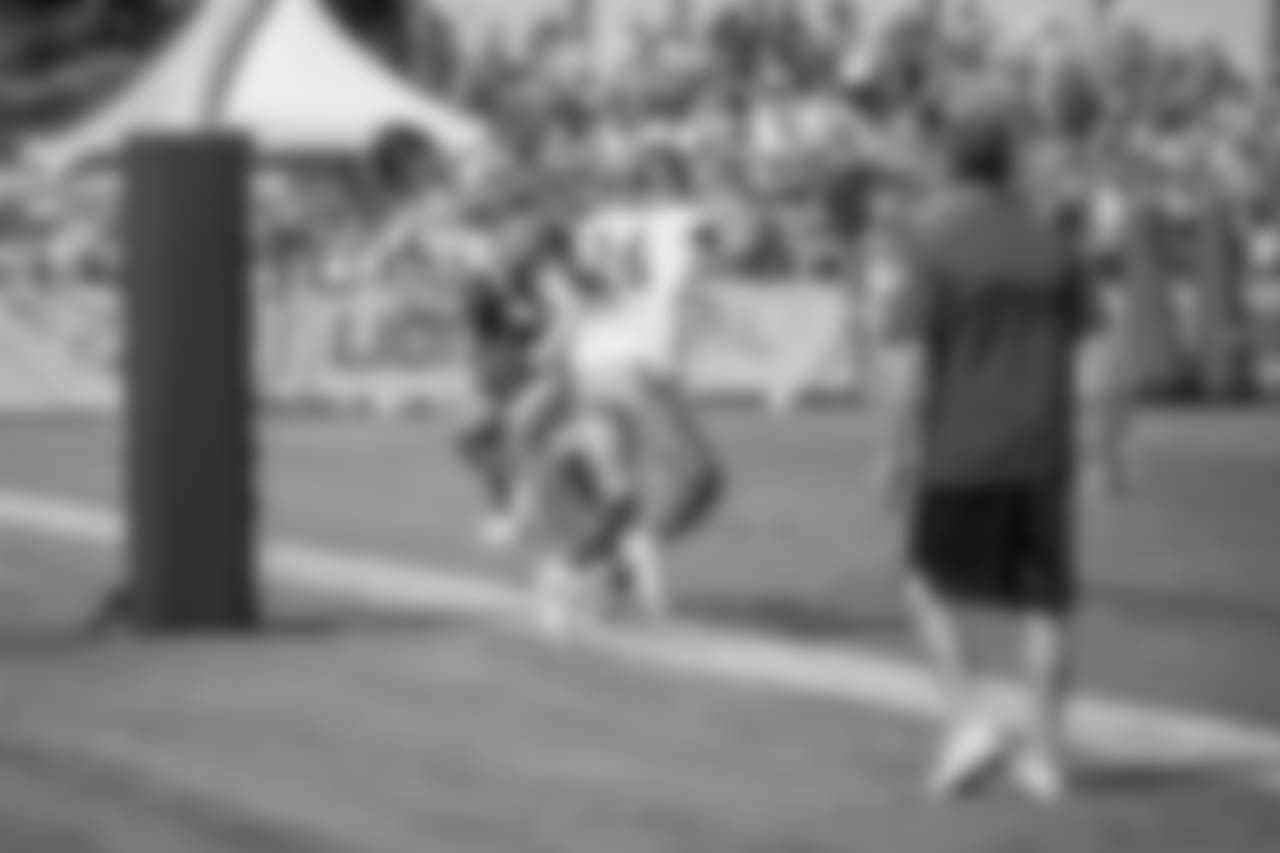 Detroit Lions wide receiver Kenny Golladay (19) catches a touchdown pass during training camp practice on Tuesday, Aug. 14, 2018 in Allen Park, Mich. (Detroit Lions via AP)