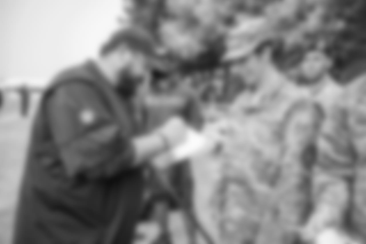 Detroit Lions head coach Matt Patricia visits with military members following training camp practice on Wednesday, Aug. 8, 2018 in Napa, Calif. (Detroit Lions via AP)