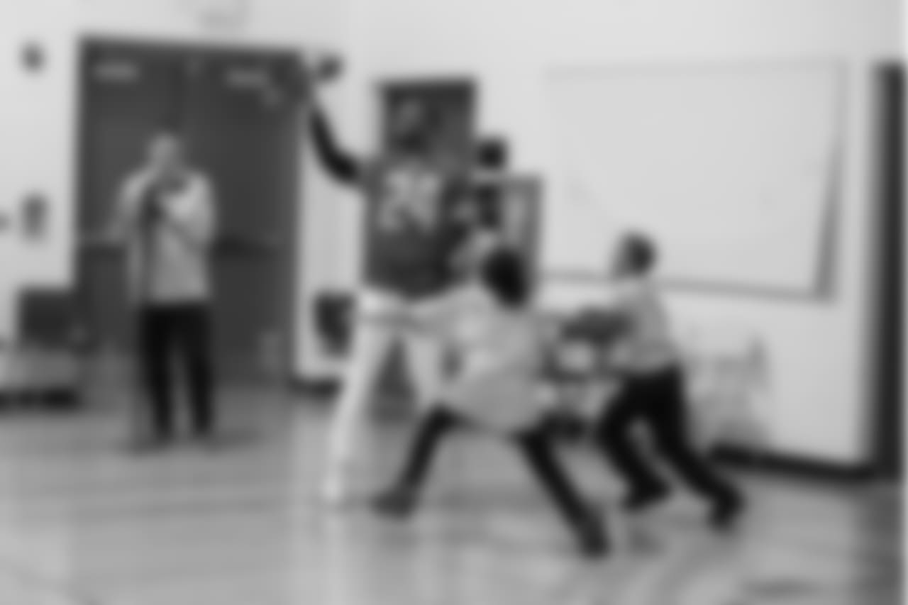 Detroit Lions cornerback Nevin Lawson (24) at a real players don't bully assembly with Playworks at Hutchinson Elementary School on Tuesday, Oct. 22, 2018 in Detroit.