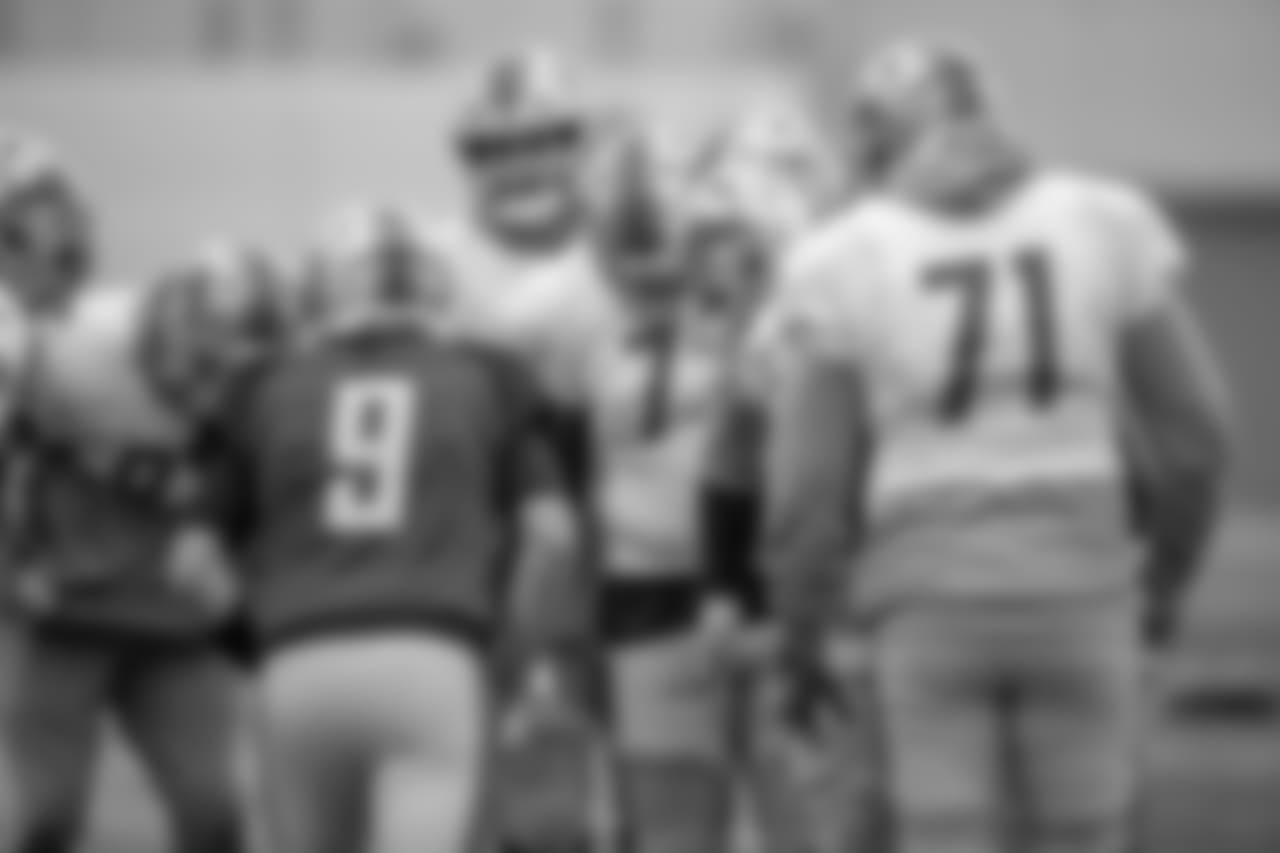 Detroit Lions quarterback Matthew Stafford (9) and the offense huddle during practice at the Detroit Lions training facility on Wednesday, Nov. 27, 2018 in Allen Park, Mich. (Detroit Lions via AP)