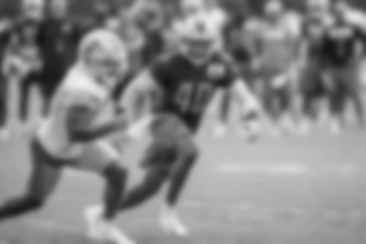Detroit Lions linebacker Jarrad Davis (40) during training camp practice on Monday, Aug. 13, 2018 in Allen Park, Mich. (Detroit Lions via AP)