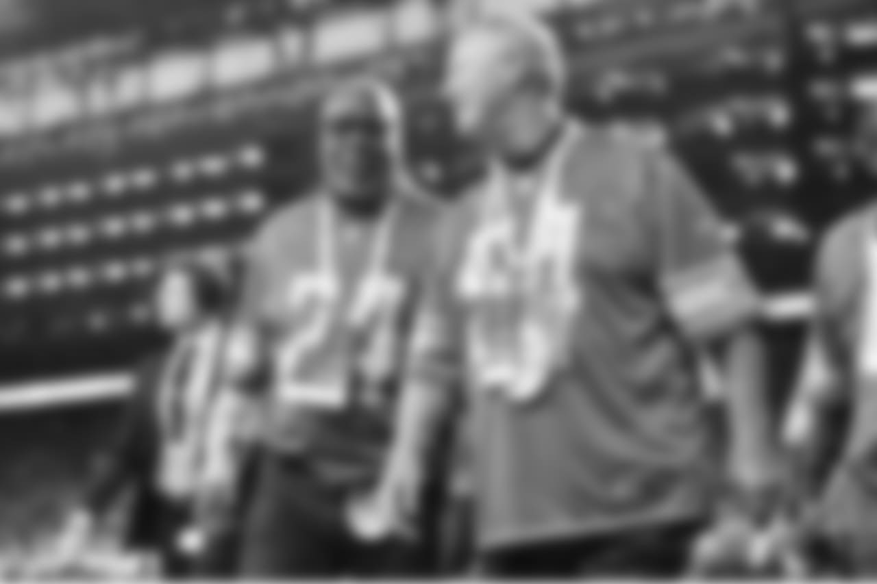 Lions Legends leave the field following the Pride of the Lions halftime induction ceremony during a NFL football game against the Seattle Seahawks on Sunday, Oct. 28, 2018 in Detroit. (Detroit Lions via AP).