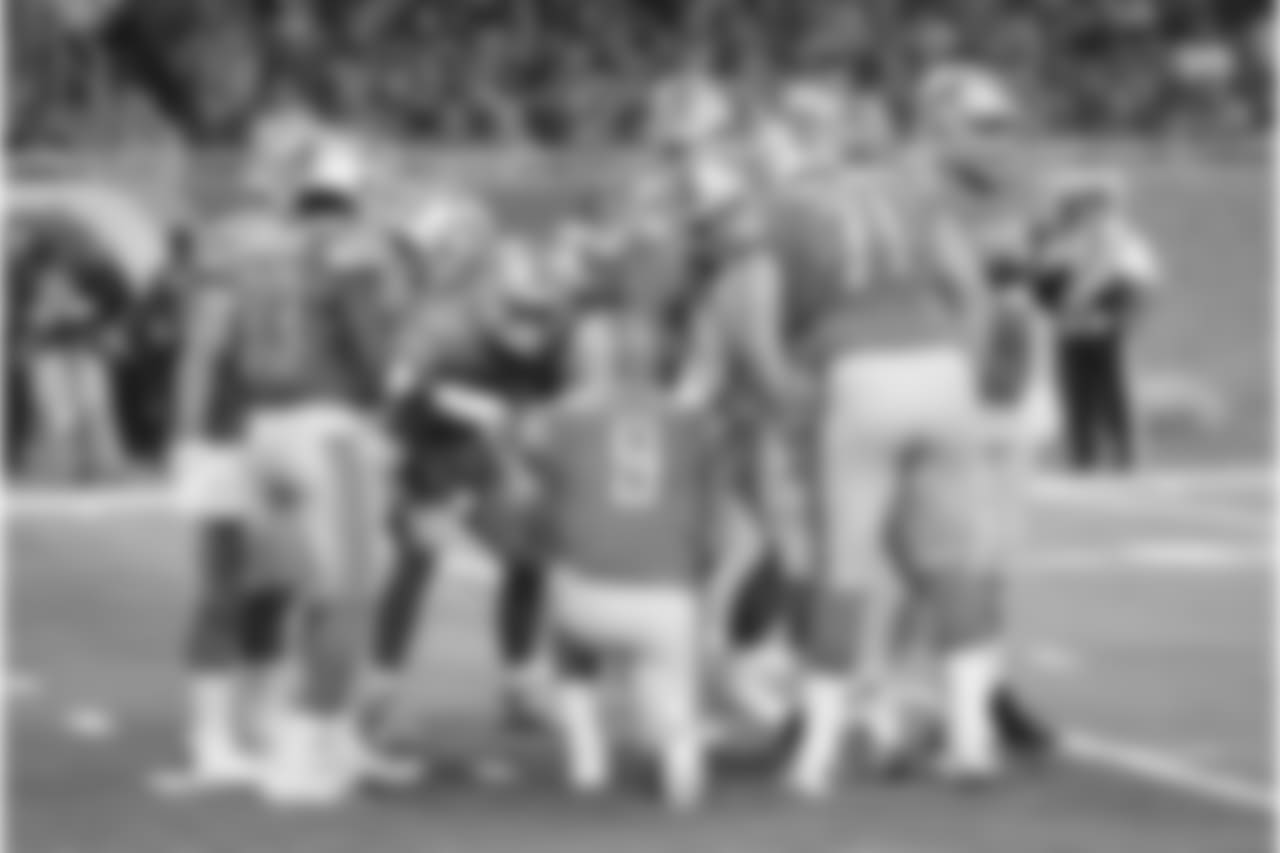 Detroit Lions offensive huddle during a NFL football game against the Seattle Seahawks on Sunday, Oct. 28, 2018 in Detroit. (Detroit Lions via AP).