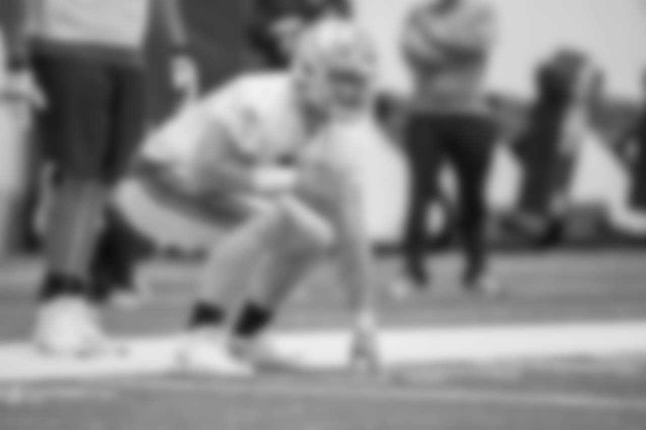 Detroit Lions offensive lineman Frank Ragnow (77) during rookie minicamp practice at the Detroit Lions training facility on Saturday, May 12, 2018 in Allen Park, Mich. (Detroit Lions via AP)