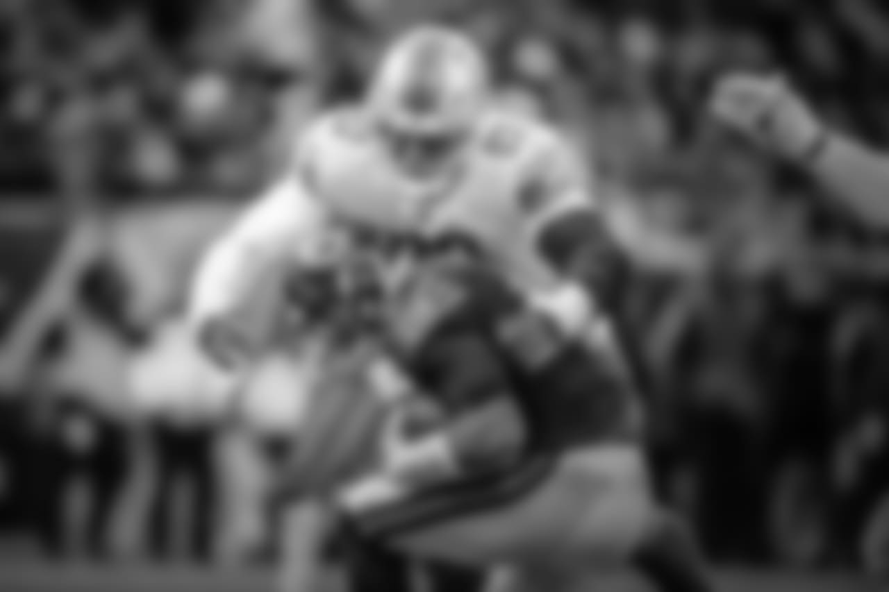 Detroit Lions defensive lineman Da'Shawn Hand (93) sacks Chicago Bears quarterback Mitchell Trubisky (10) during a NFL football game against the Chicago Bears on Sunday, Nov. 11, 2018 in Chicago. (Detroit Lions via AP).
