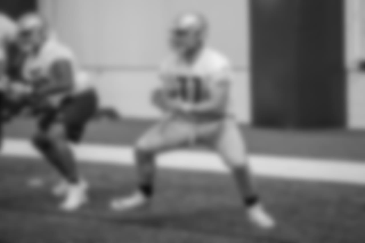 Detroit Lions offensive lineman Frank Ragnow (77) during rookie minicamp practice at the Detroit Lions training facility on Saturday, May 12, 2018 in Allen Park, Mich. (Detroit Lions via AP)