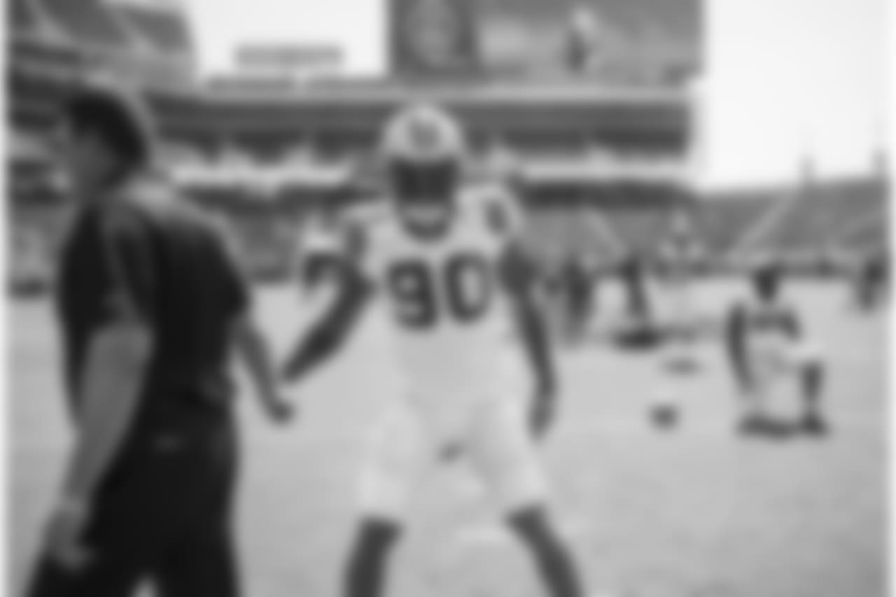 Julius Peppers and head coach Ron Rivera in Peppers' first game after returning to the Panthers at San Francisco on Sunday, September 10, 2017, at Levi's Stadium in Santa Clara, CA.