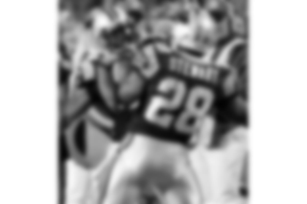 In this Dec. 8, 2008 photo, Carolina Panthers running back Jonathan Stewart (28) and Panthers' DeAngelo Williams celebrate after Stewart's touchdown in the fourth quarter of an NFL football game against the Tampa Bay Buccaneers in Charlotte, N.C. Smash and Dash. The nickname coined for the panthers running backs Jonathan Stewart (Smash) and DeAngelo Williams (Dash) is catching on as defenders bounce off. The Panthers now hope this young tandem lead them into the playoffs. (AP Photo/Chuck Burton)