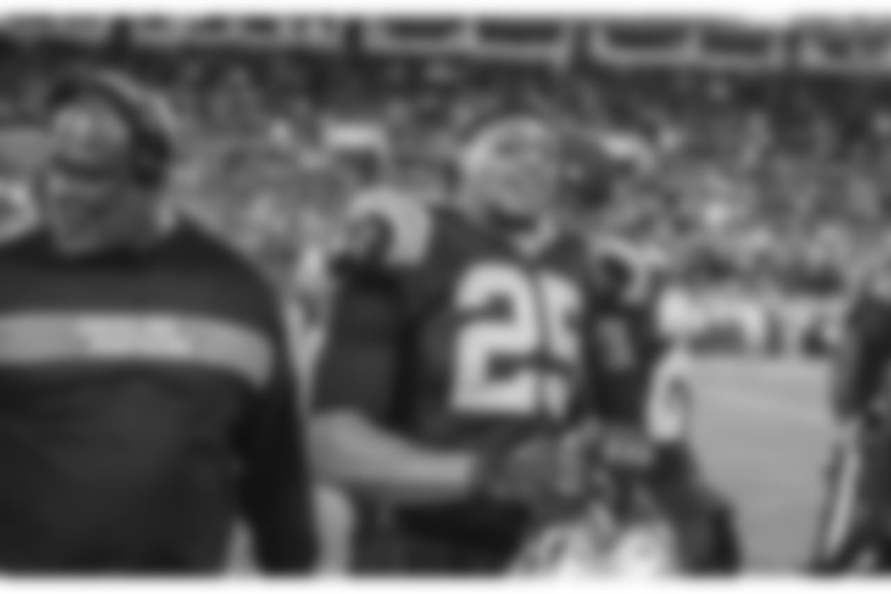 Eric Reid smiles while walking off the field against the Saints on Monday Night Football on Tuesday, December 18, 2018.