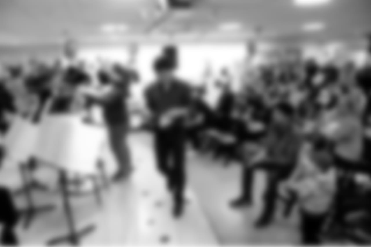 BOSTON, MA - DECEMBER 12: Boston Pops conductor Keith Lockhart and Jabbar conduct members of the Rhythm and Brass section of the Boston Pops at Boston Children's Hospital December 12, 2017 in Boston, Massachusetts. (Photo by Darren McCollester/Getty Images for Boston Children's Hospital)