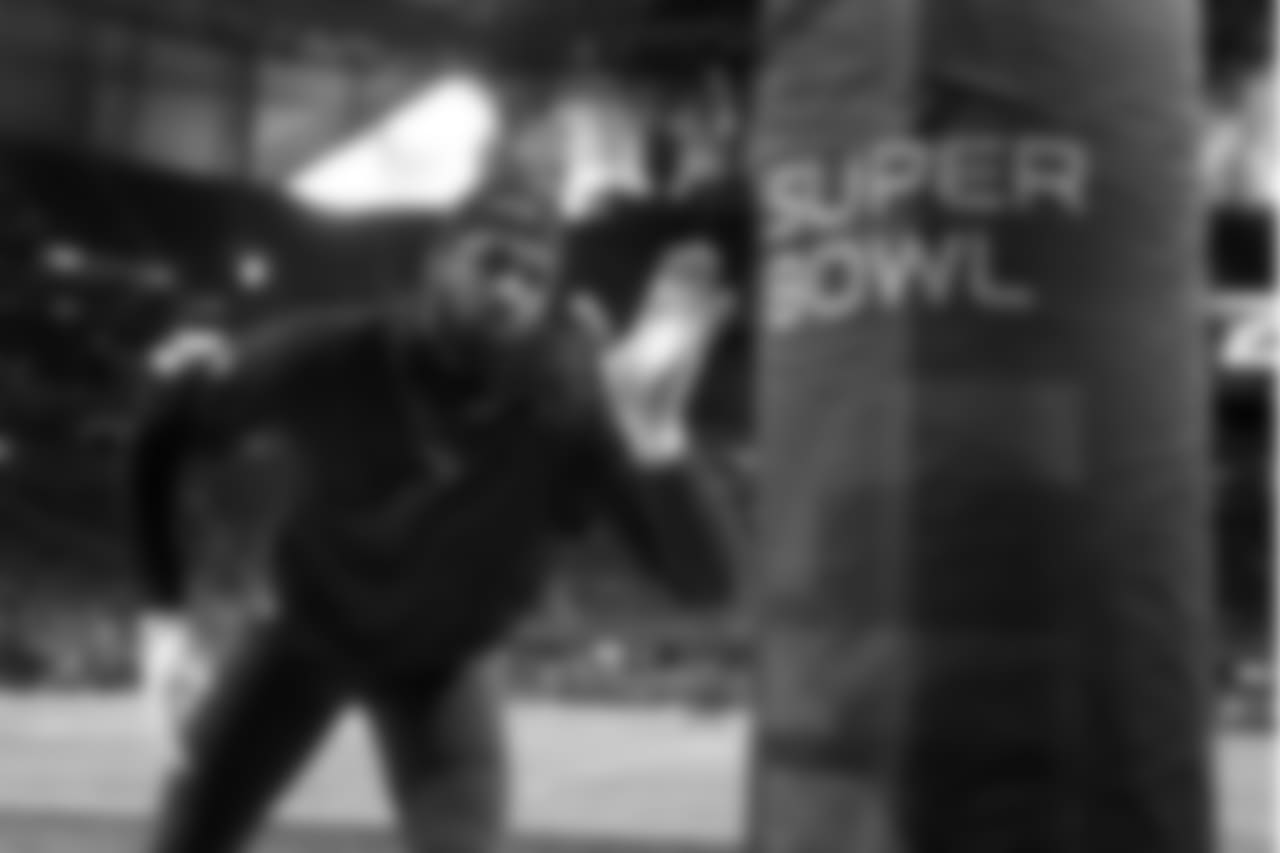 New England Patriots' Deatrich Wise Jr. warms up before the NFL Super Bowl 53 football game between the Patriots and the Los Angeles Rams, Sunday, Feb. 3, 2019, in Atlanta. (AP Photo/John Bazemore)