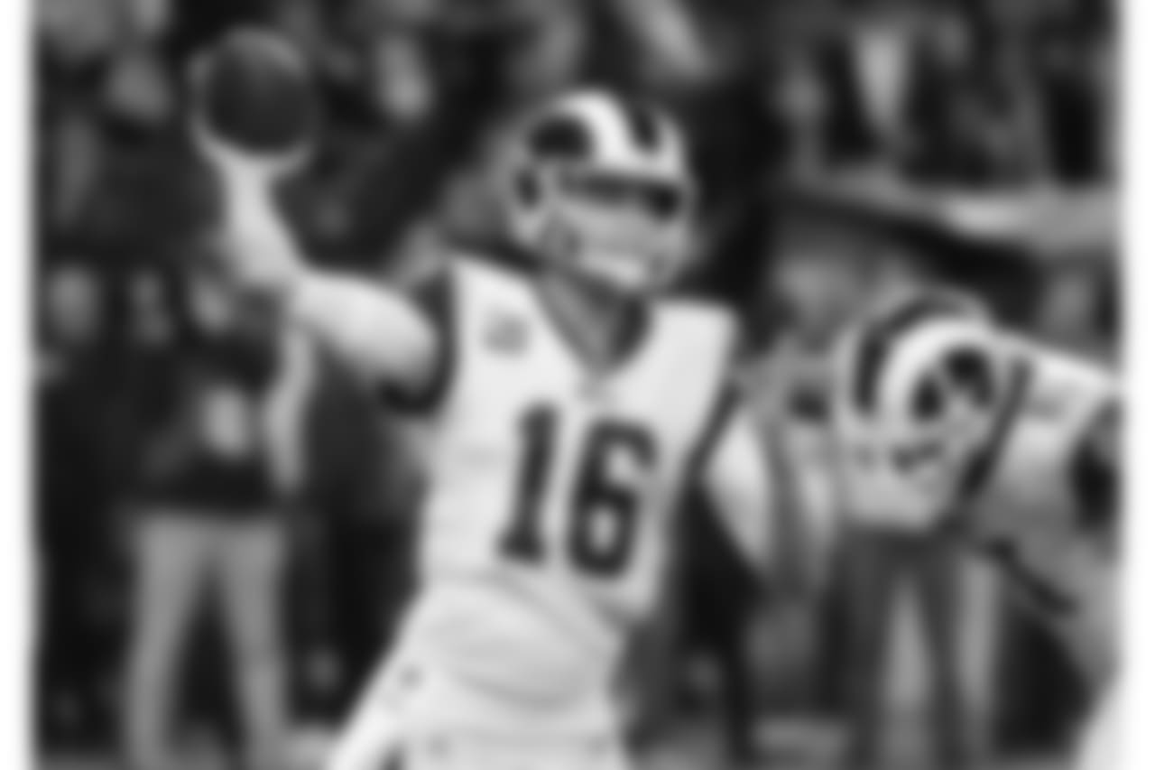 Los Angeles Rams' Jared Goff throws during the first half of the NFL football NFC championship game against the New Orleans Saints, Sunday, Jan. 20, 2019, in New Orleans. (AP Photo/David J. Phillip)