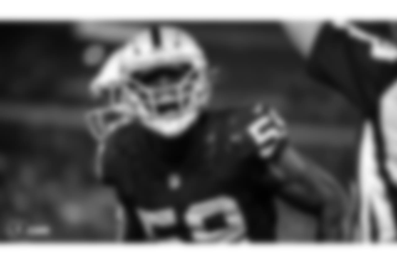 Oakland Raiders linebacker Tahir Whitehead (59) celebrates during the Oakland Raiders regular season game against the Los Angeles Rams at Oakland-Alameda County Coliseum, Monday, September 10th in Oakland, California. The Oakland Raiders lost 33-13.