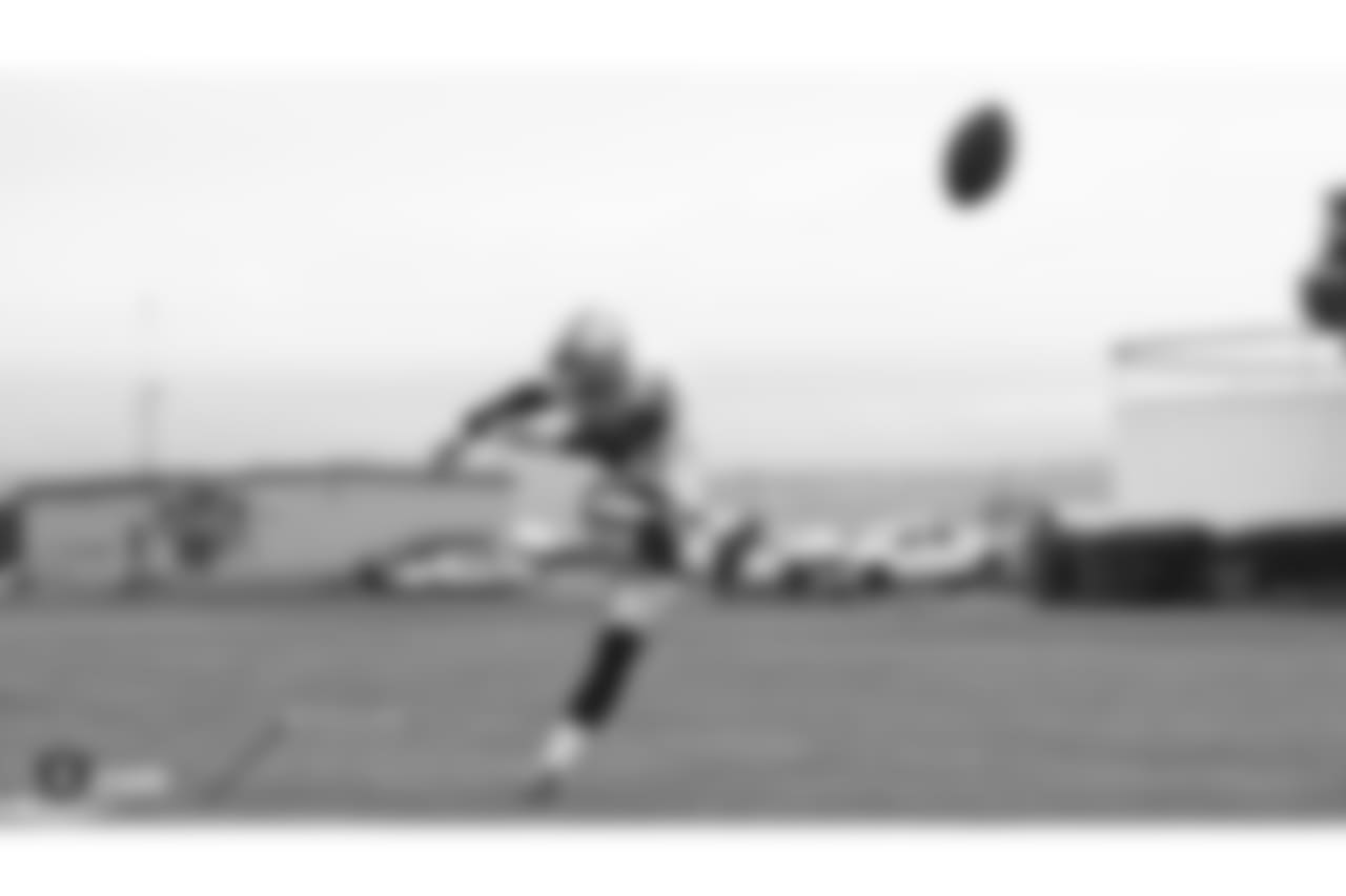 Oakland Raiders kicker Daniel Carlson (8) on the field for practice at the Oakland Raiders Practice Facility, Friday, November 23, 2018, in Alameda, California.