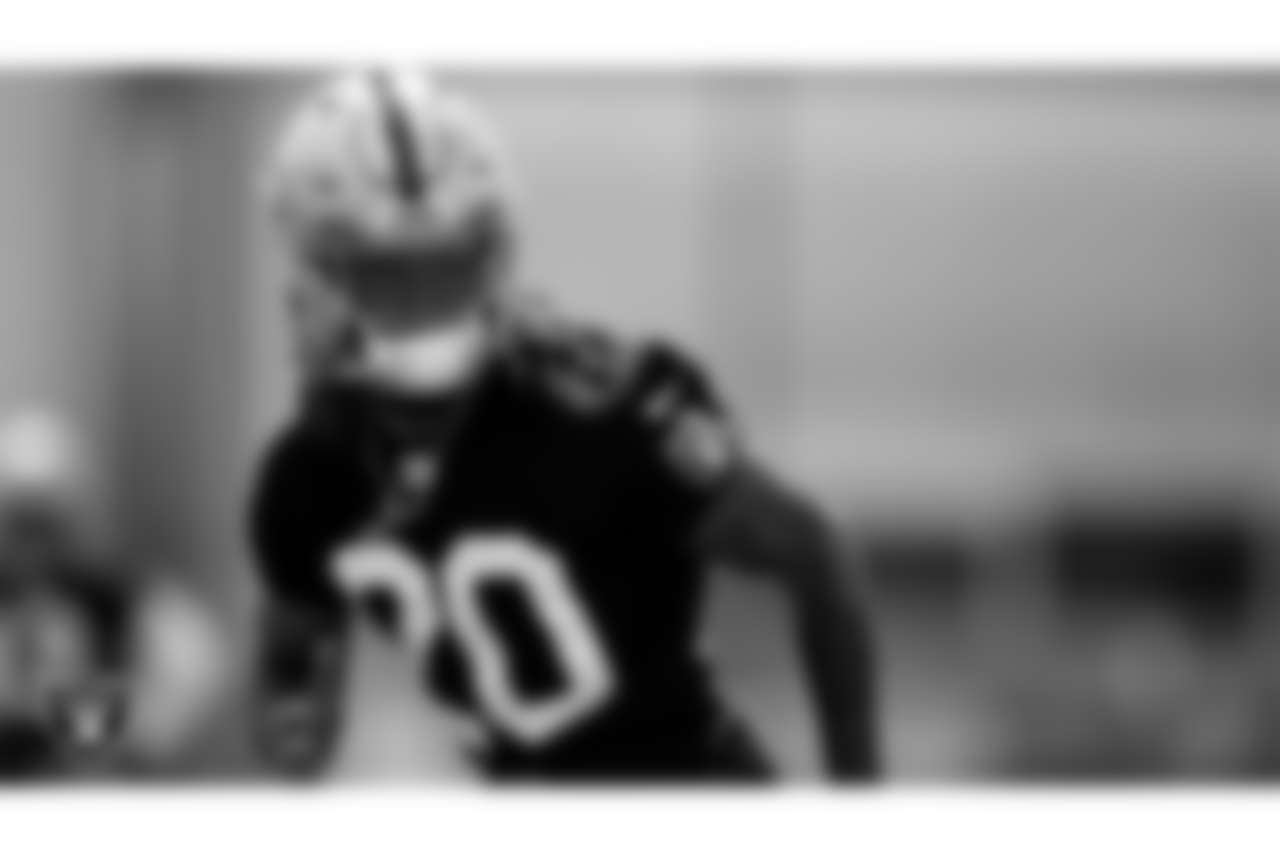 Las Vegas Raiders cornerback Damon Arnette (20) at an Organized Team Activity (OTA).