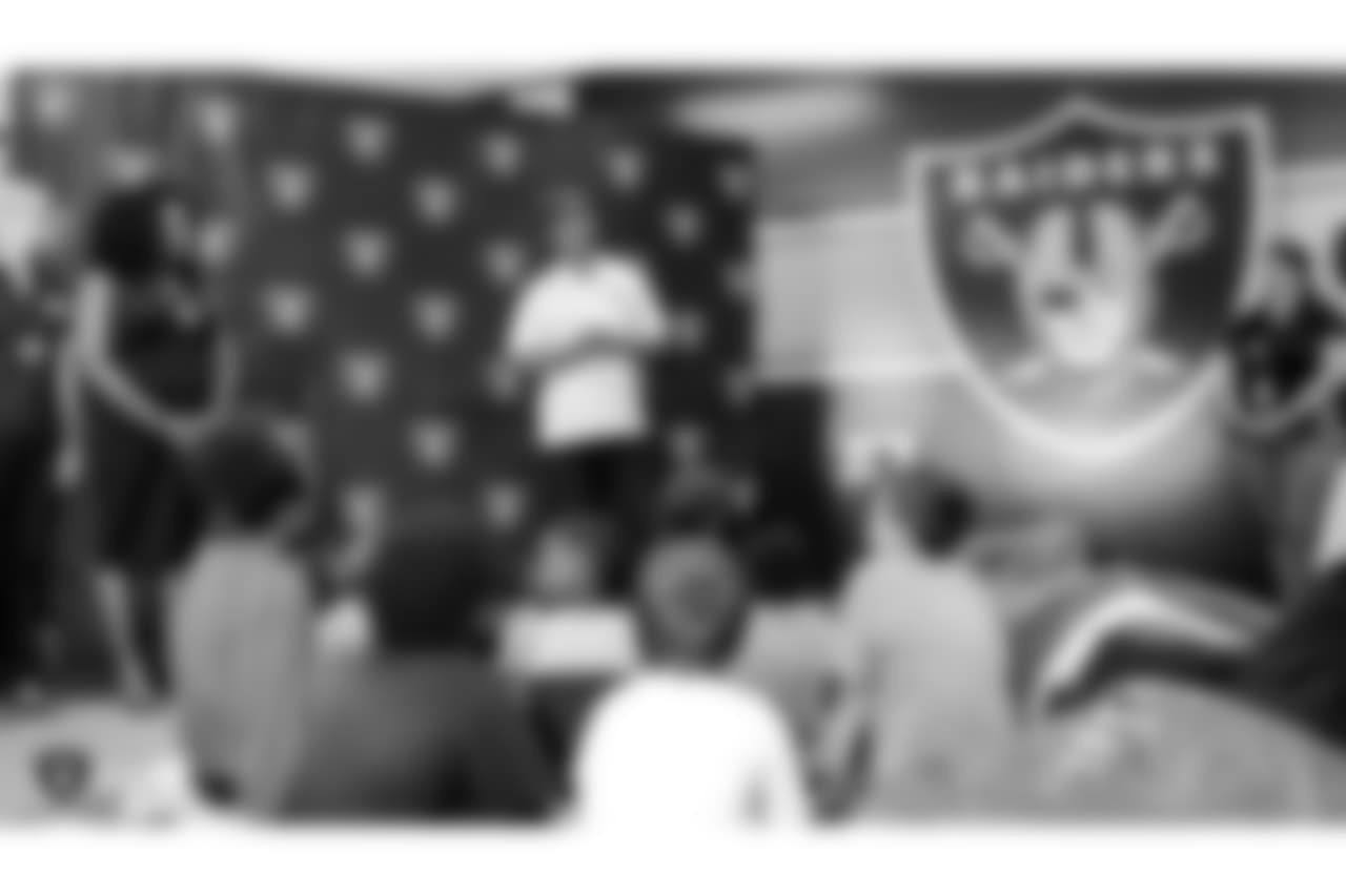 The Raiders adopt a Communities in Schools of Southern Nevada resource room at Robert Taylor Elementary School, which will be a safe haven for students and serve as the school's Accelerated Reading Program. To cap off the opening, Raiders alumni, Leo Gray and Lamar Mady, the Raiderettes, and Raider Rusher will coach students through a youth football camp, Tuesday, September 25, 2018, in Henderson, Nevada.