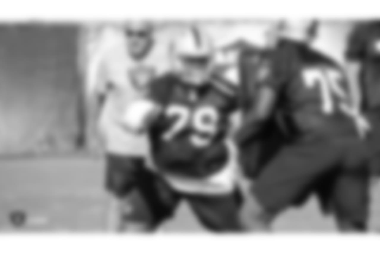Oakland Raiders guard/tackle Denver Kirkland (79) on the field for practice at the Oakland Raiders Practice Facility, Friday, October 26, 2018, in Alameda, California.