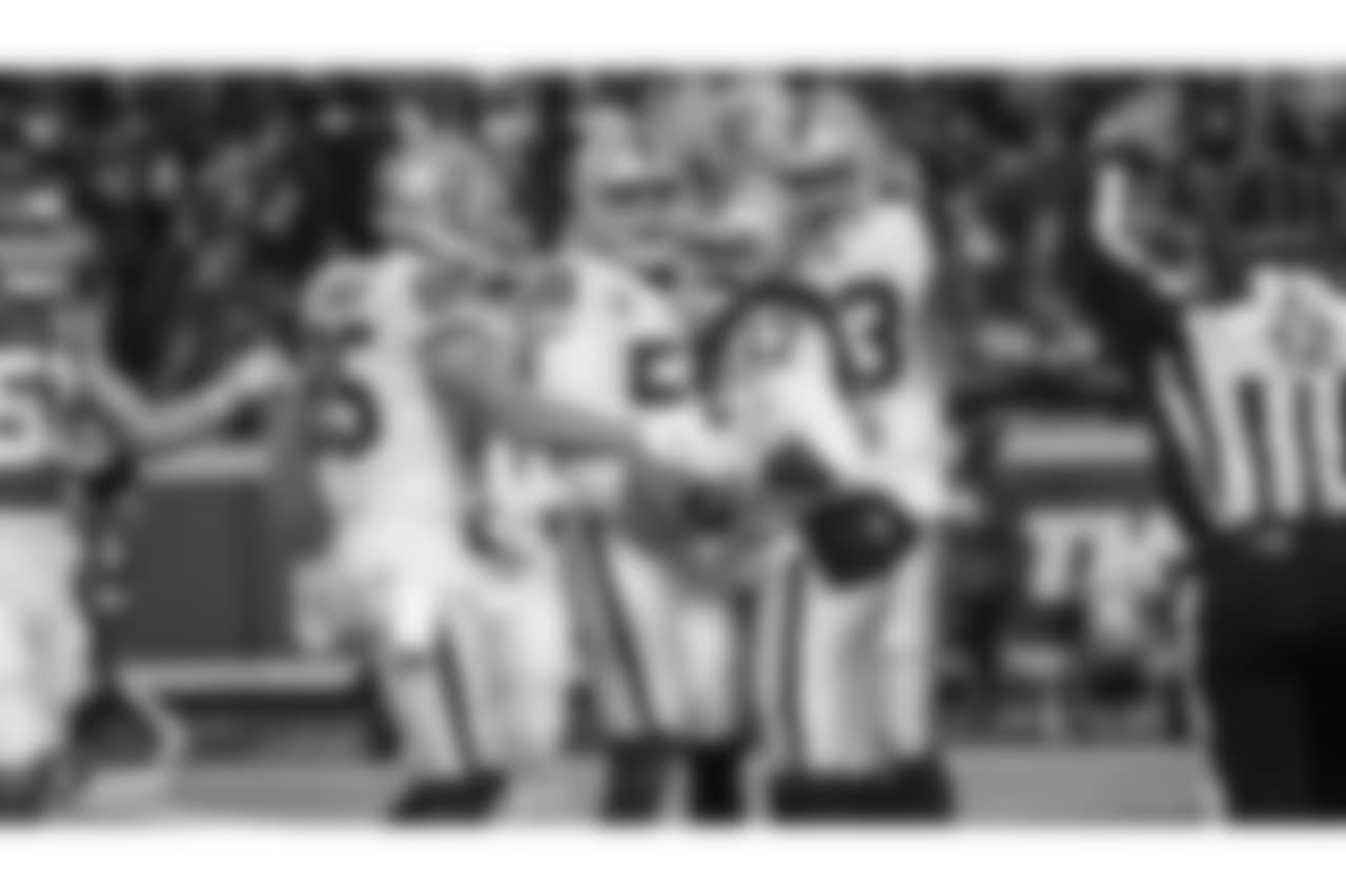 Oakland Raiders tight end Derek Carrier (85), linebacker Kyle Wilber (58), wide receiver and return specialist Dwayne Harris (17), and tight end Darren Waller (83) during the Oakland Raiders regular season game against the Kansas City Chiefs at Arrowhead Stadium, Sunday, December 30, 2018, in Kansas City, Missouri. The Oakland Raiders lost 35-3.