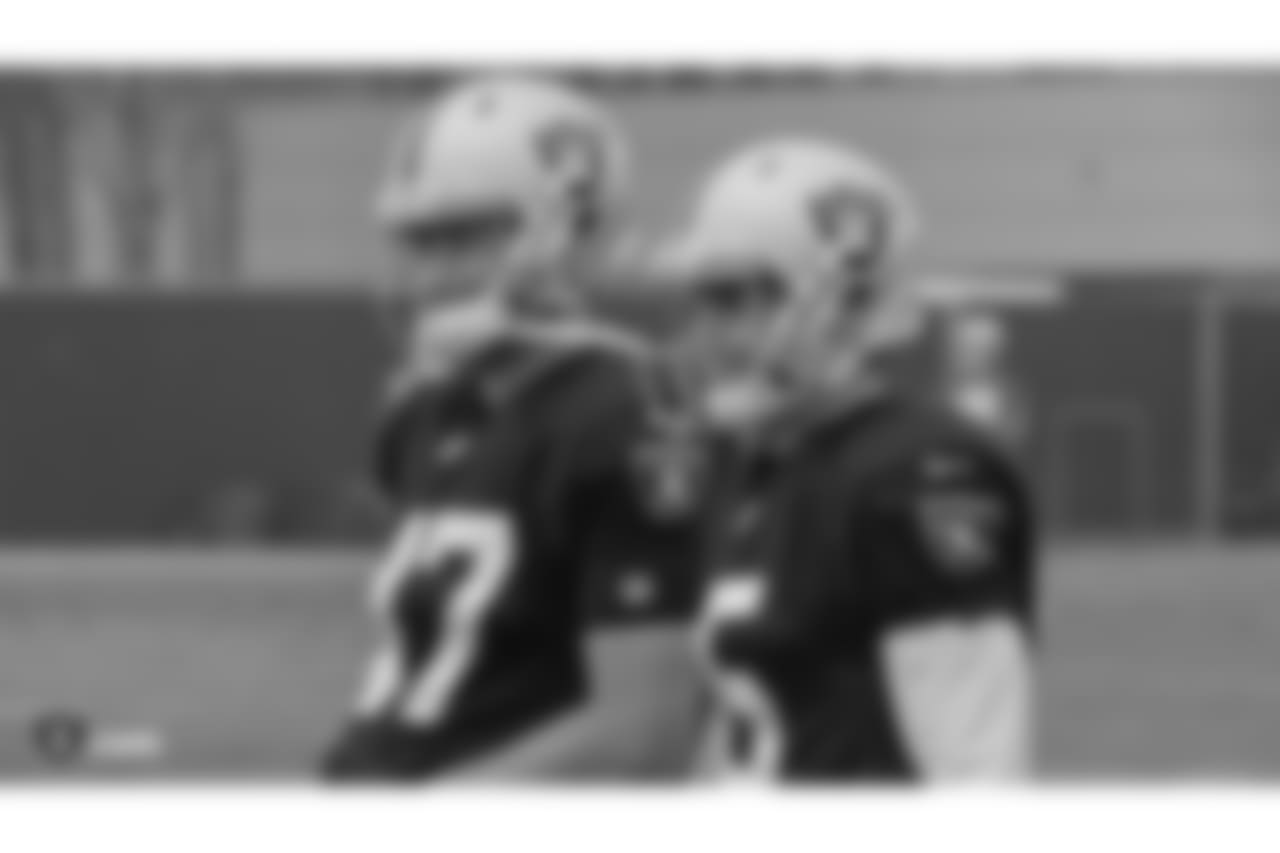 Oakland Raiders long snapper Trent Sieg (47) and punter Johnny Townsend (5) on the field for practice at the Oakland Raiders Practice Facility, Friday, December 21, 2018, in Alameda, California.