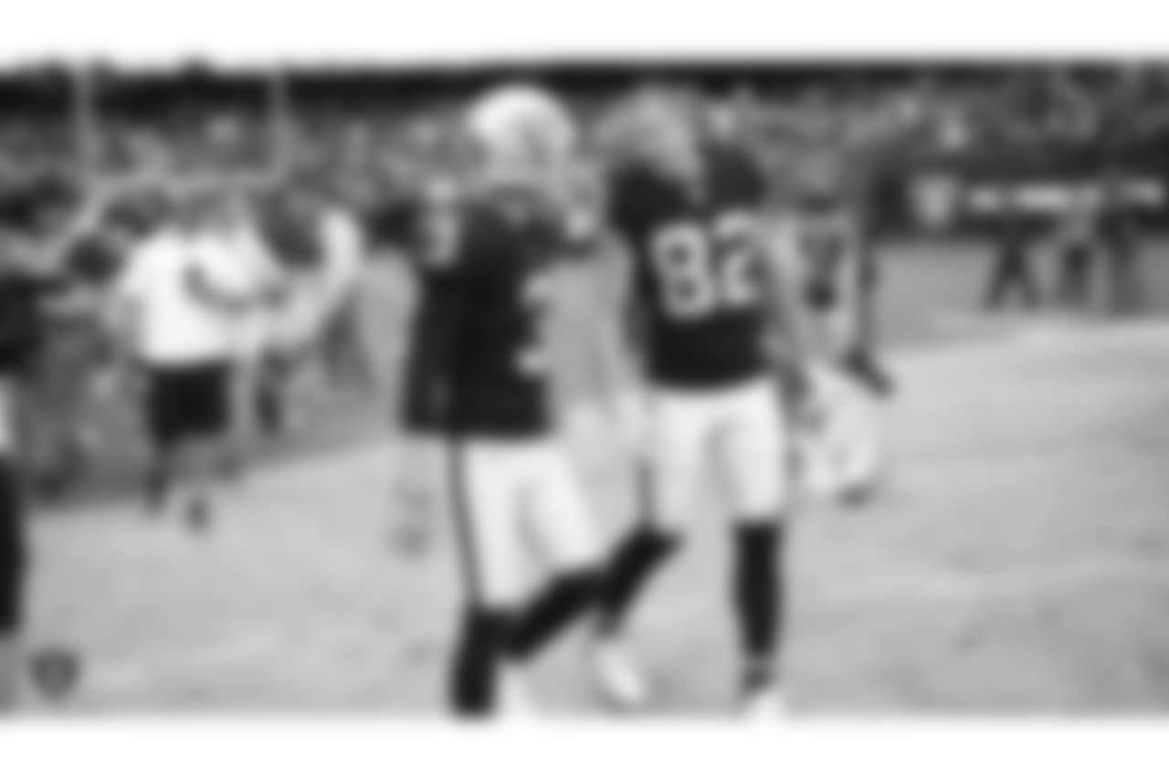Oakland Raiders kicker Matt McCrane (3) and wide receiver Jordy Nelson (82) on the field after The Oakland Raiders regular season game against the Cleveland Browns at Oakland-Alameda County Coliseum, Sunday, September 30, 2018, in Oakland, California. The Oakland Raiders won 45-42.