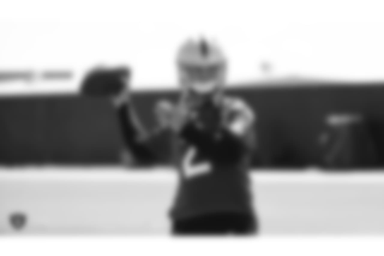 Oakland Raiders quarterback AJ McCarron (2) on the field for practice at the Oakland Raiders Practice Facility, Thursday, September 6, 2018, in Alameda, California.