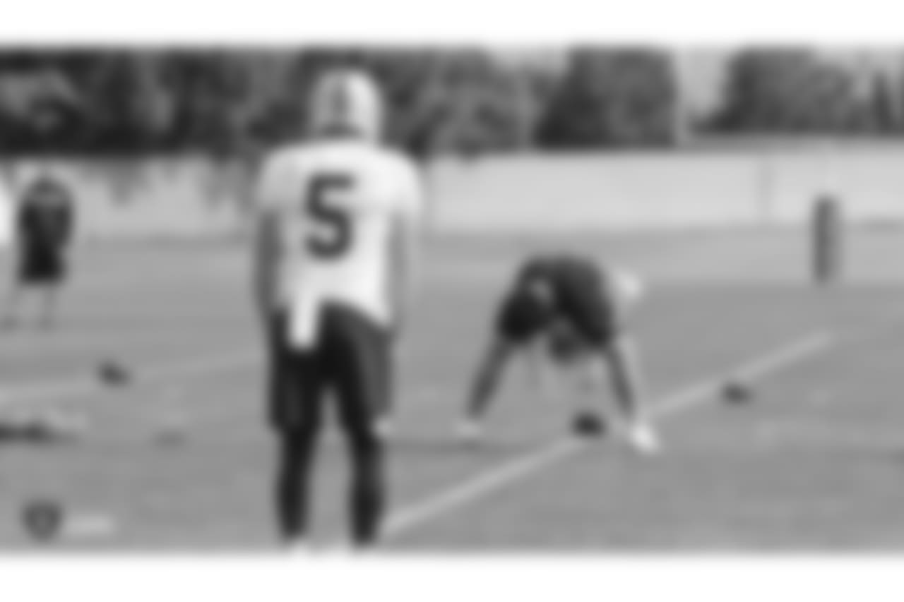 Oakland Raiders punter Johnny Townsend (5) and long snapper Trent Sieg (47) on the field for practice at the Oakland Raiders Practice Facility, Friday, October 5, 2018, in Alameda, California.