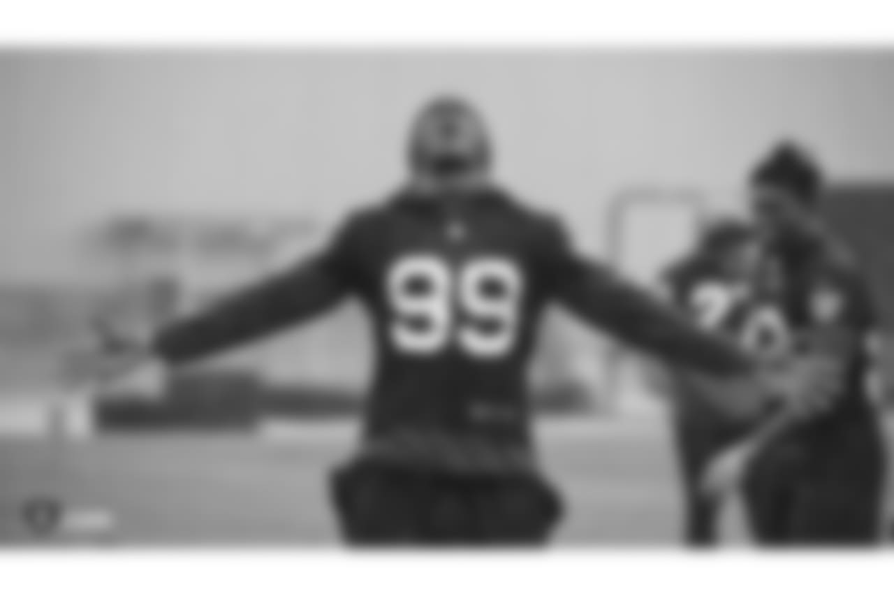 Oakland Raiders defensive end Arden Key (99) on the field for practice at the Oakland Raiders Practice Facility, Friday, November 23, 2018, in Alameda, California.