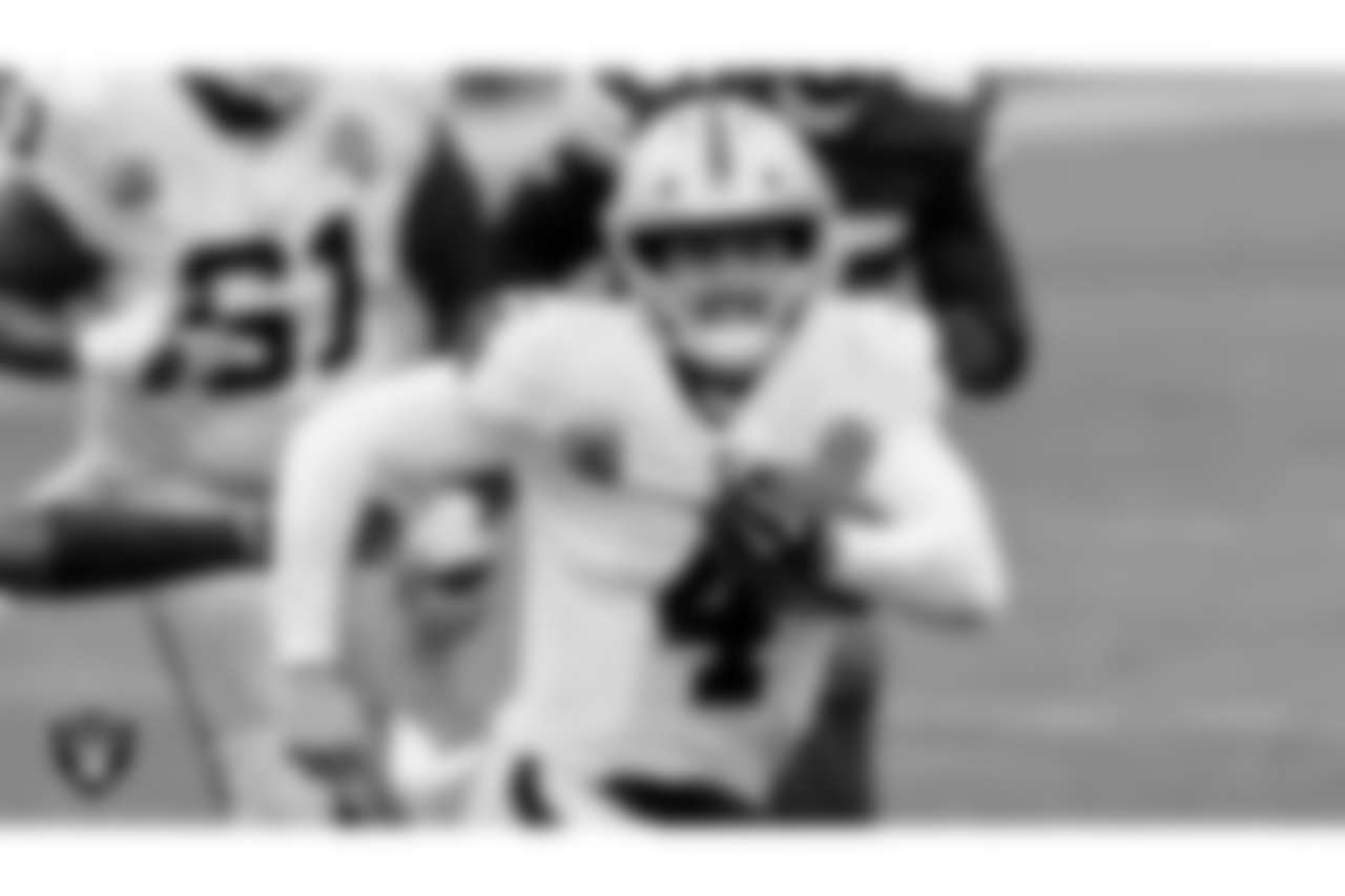 Las Vegas Raiders quarterback Derek Carr (4) rushes during the regular season away game against the Cleveland Browns.
