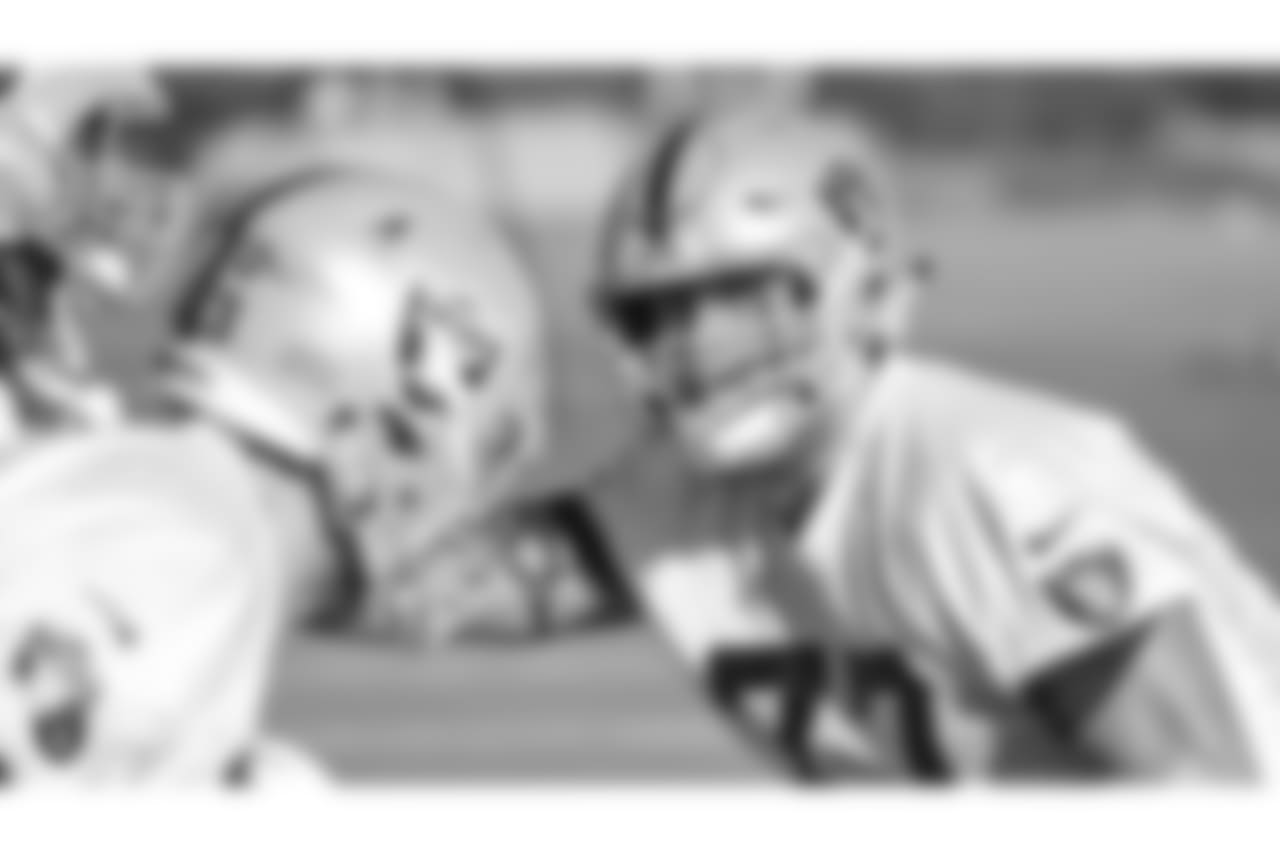 Oakland Raiders tackle Kolton Miller (77) on the field for practice at the Oakland Raiders Practice Facility, Thursday, December 13, 2018, in Alameda, California.