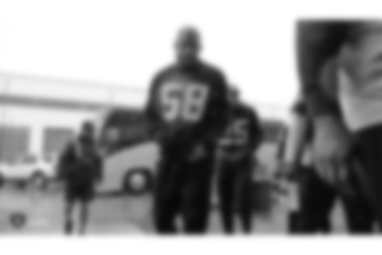 Oakland Raiders linebacker Kyle Wilber (58) arrives to the field for practice at Bladium Sports & Fitness, Wednesday, November 21, 2018, in Alameda, California.
