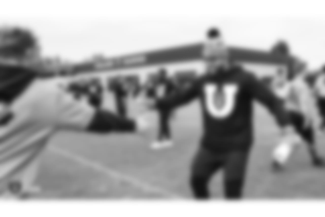 Students from local Bay Area high schools participate in Raiders U, a 7 on 7 football tournament with 8 teams that is coached entirely by Raiders players, at the Oakland Raiders Practice Facility, Thursday, June 7, 2018, in Alameda, California.