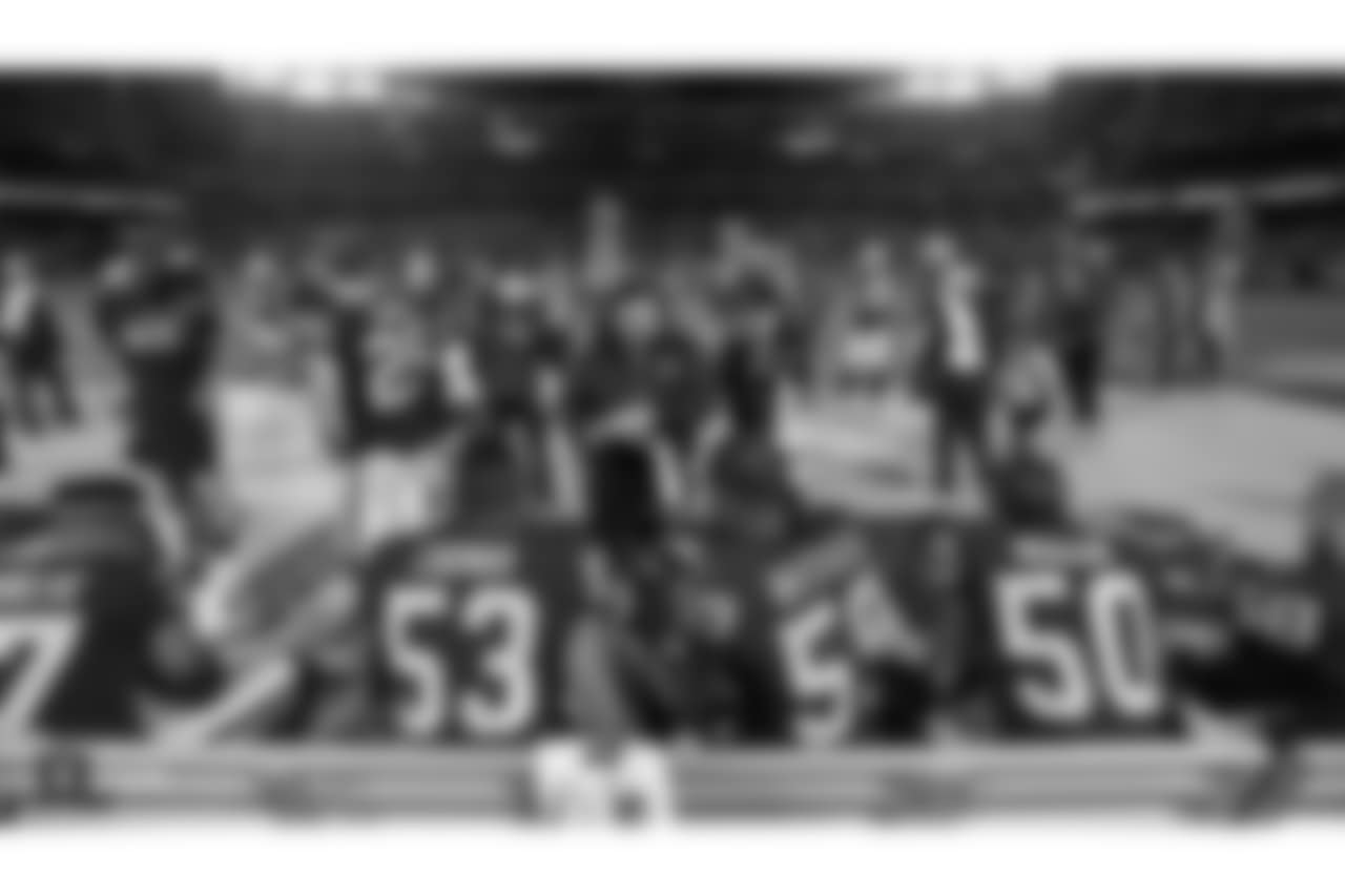 Oakland Raiders cornerback Bene Benwikere (37), Jason Cabinda (53), Tahir Whitehead (59), Nicholas Morrow (50) and Paul Guenther on the sidelines during the Oakland Raiders regular season game against the Denver Broncos at Oakland Alameda-County Coliseum on Monday, December 24th, 2018, in Oakland, California. The Oakland Raiders won 27-14.