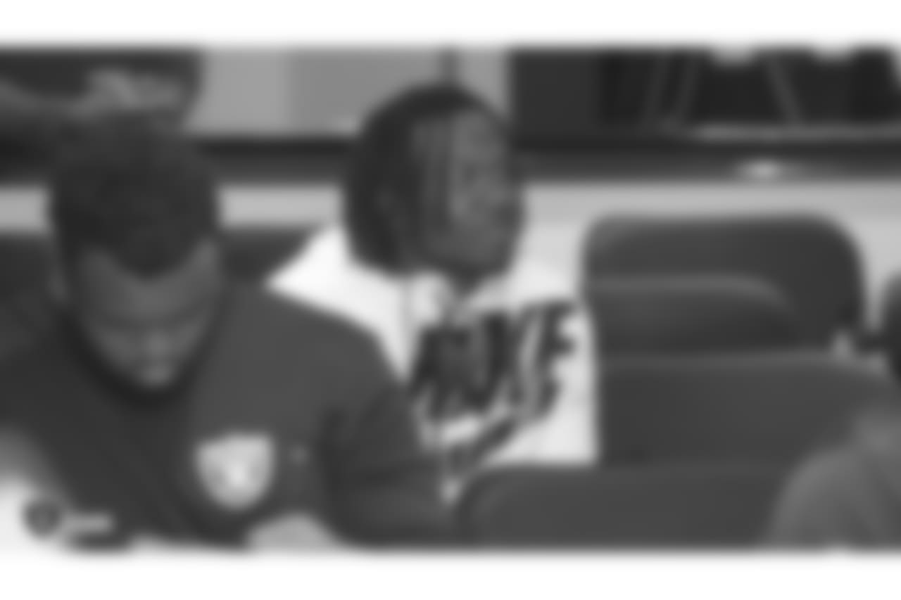 Oakland Raiders rookies listen to speakers Lincoln Kennedy, Robert Gallery, Darren McFadden, Greg Townsend, and Cliff Branch, Oakland Raiders alumni, as part of Rookie Academy, at the Oakland Raiders Practice Facility, Monday, June 18, 2018, in Alameda, California.