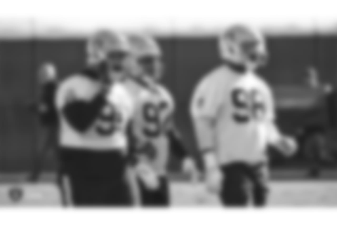 Oakland Raiders defensive tackle Johnathan Hankins (90), defensive tackle PJ Hall (92), and defensive tackle Frostee Rucker (98) on the field for practice at the Oakland Raiders Practice Facility, Friday, November 30, 2018, in Alameda, California.