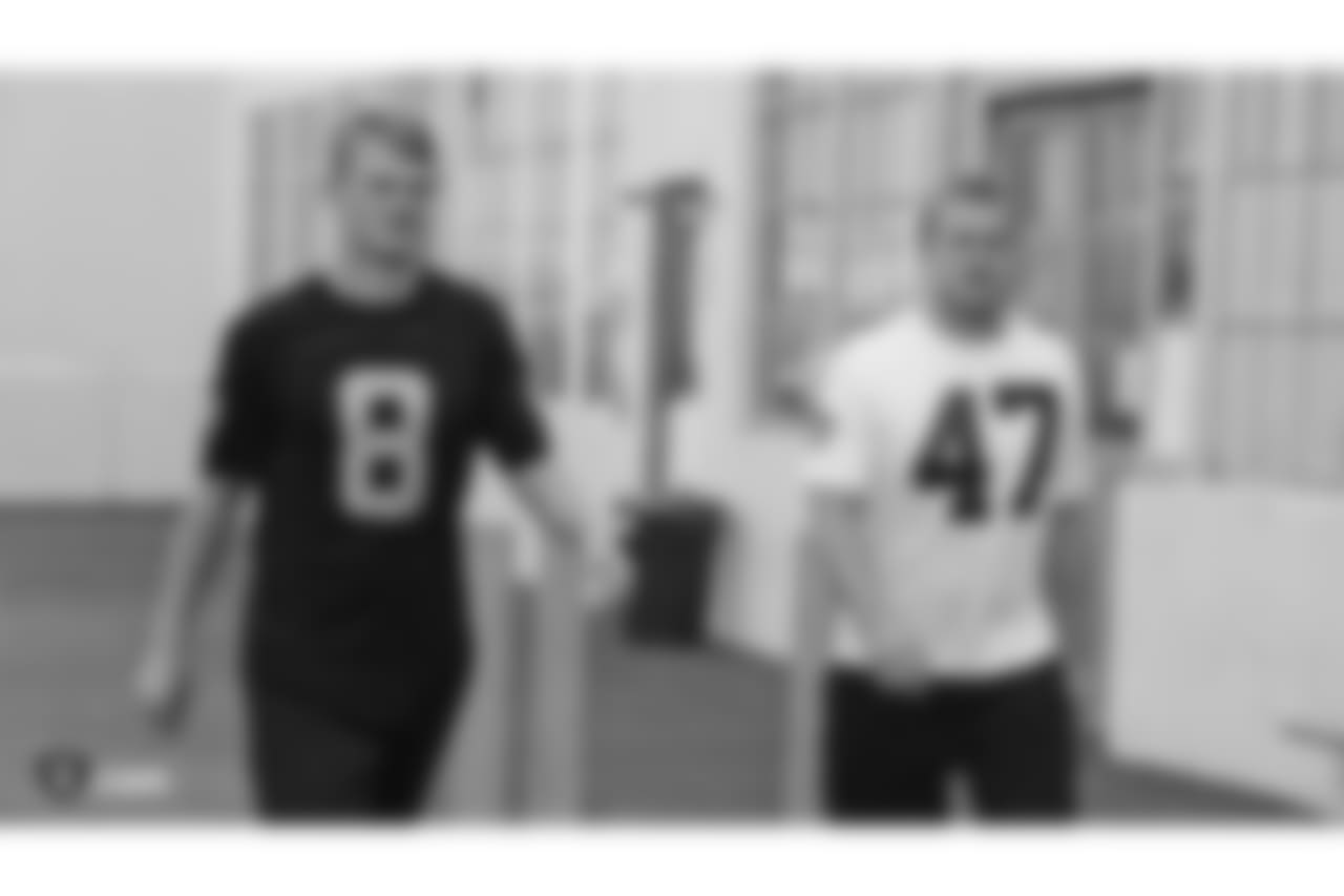 Oakland Raiders kicker Daniel Carlson (8) and long snapper Trent Sieg (47) arrive to the field for a walk through at Bladium Sports & Fitness, Thursday, November 15, 2018, in Alameda, California.