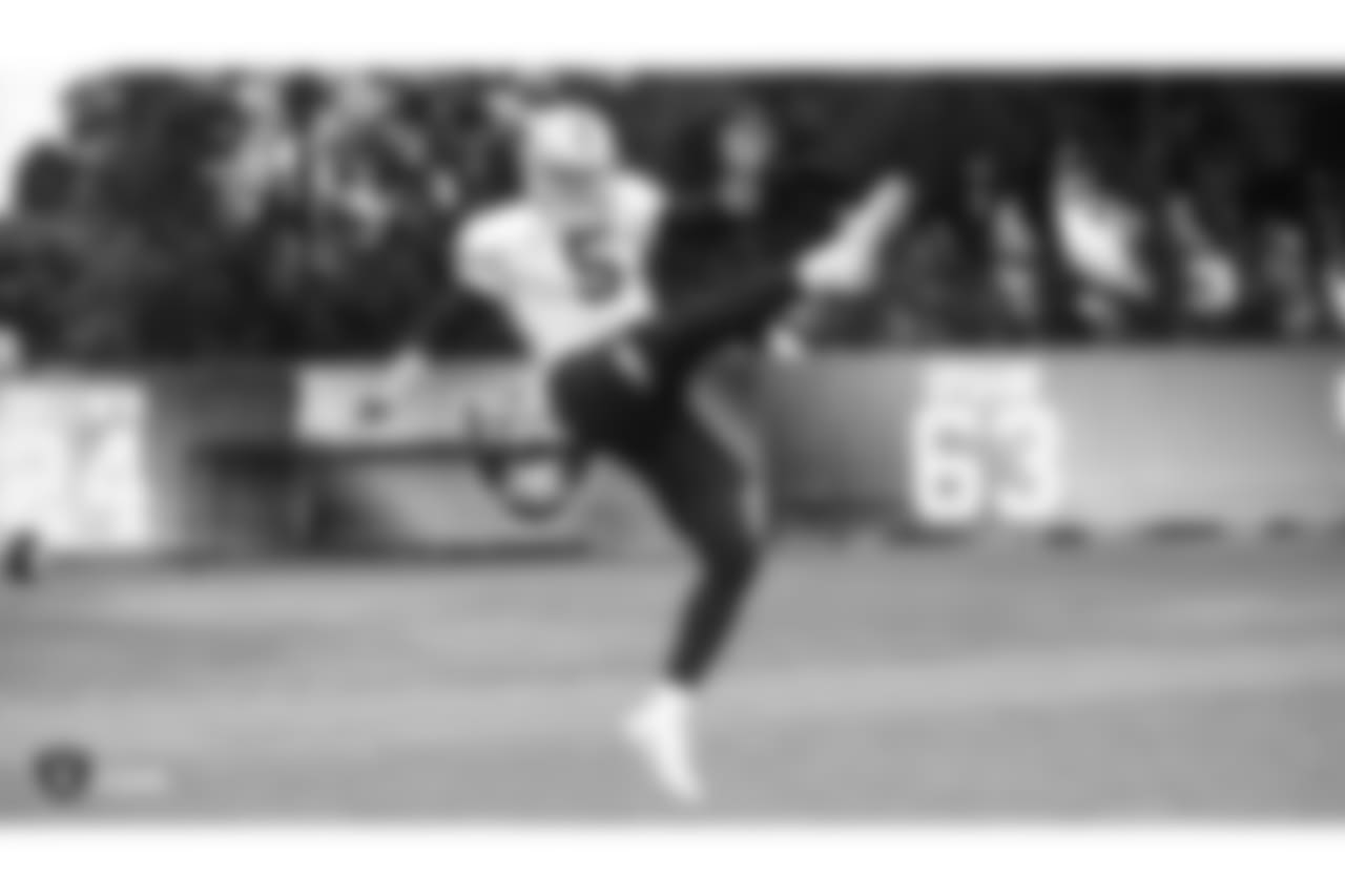 Oakland Raiders punter Johnny Townsend (5) on the field for practice at the Oakland Raiders Practice Facility, Friday, November 23, 2018, in Alameda, California.
