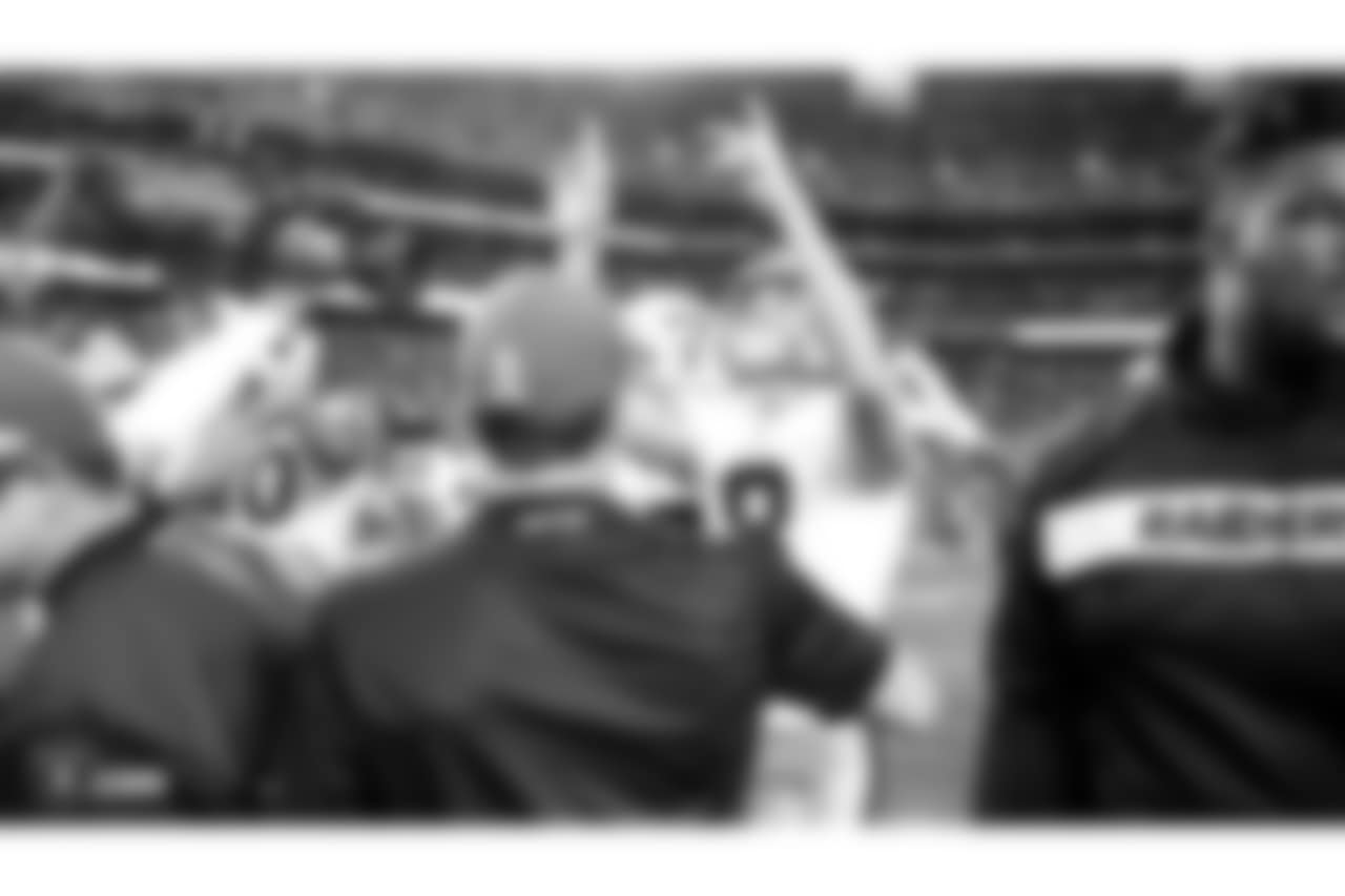 Oakland Raiders kicker Daniel Carlson (8) after the Oakland Raiders regular season game against the Arizona Cardinals at State Farm Stadium, Sunday, November 18, 2018, in Glendale, Arizona. The Oakland Raiders won 23-21.